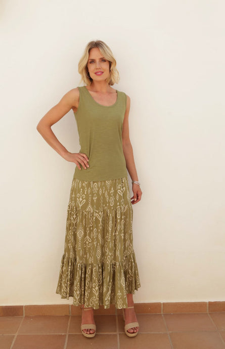 Pomodoro Khaki Aztek Printed Crepe Tiered Skirt - Boutique on the Green 