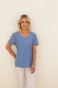 Pomodoro Pacific Blue Cotton Jersey T-Shirt With Broderie Anglaise Sleeve Detail & Panels - Boutique on the Green 
