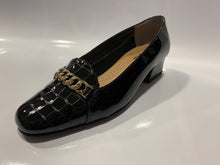 Load image into Gallery viewer, Black patent leather croc &amp; gold chain trim low heel court shoe - Boutique on the Green
