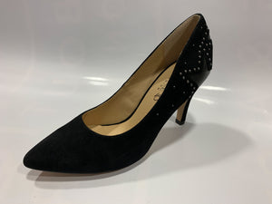 Black suede leather pointed high heel with star & stud heel trim detail - Boutique on the Green