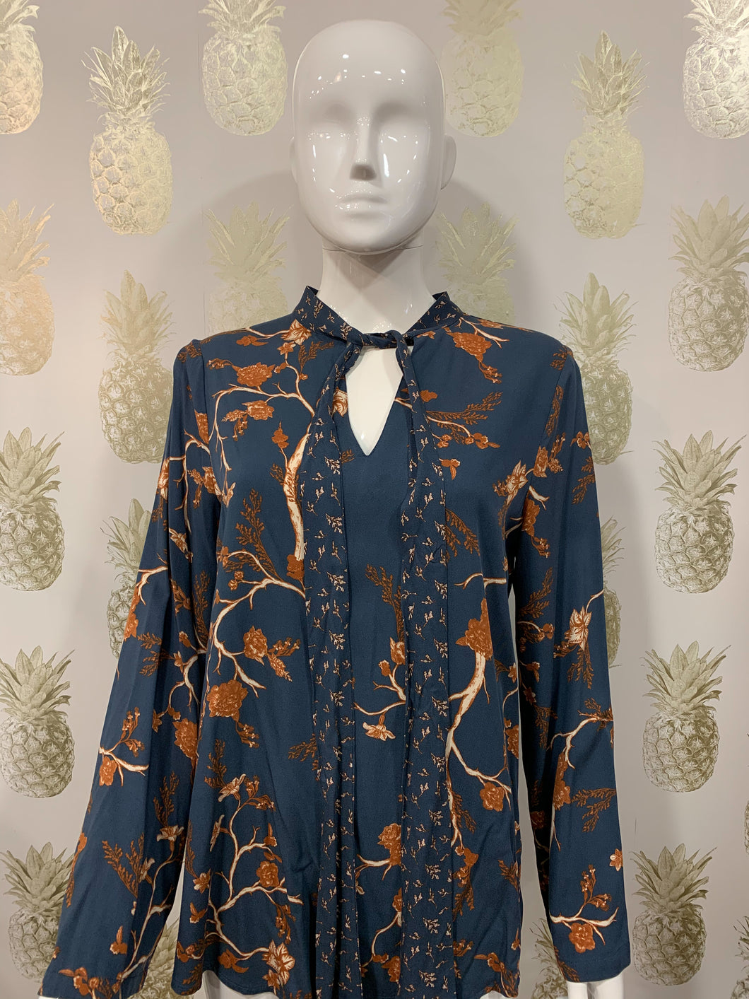 Navy with oriental print loose fit woven blouse, long sleeves & neck tie - Boutique on the Green
