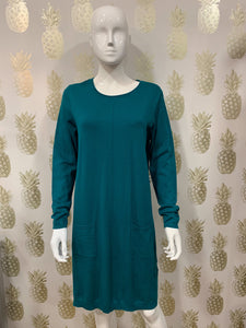 Fine knit stretch pull on tunic dress with long sleeve round neck & front patch pockets - Boutique on the Green