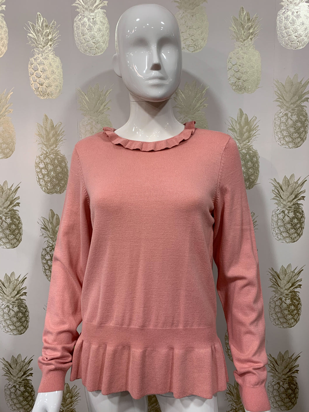 Pale pink fine knit stretch jumper with frill neck detail & frill peplum hem - Boutique on the Green