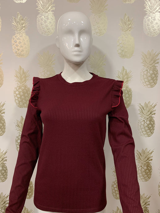 Berry ribbed stretch jersey long sleeve t-shirt with frill & stitch detail on shoulder - Boutique on the Green