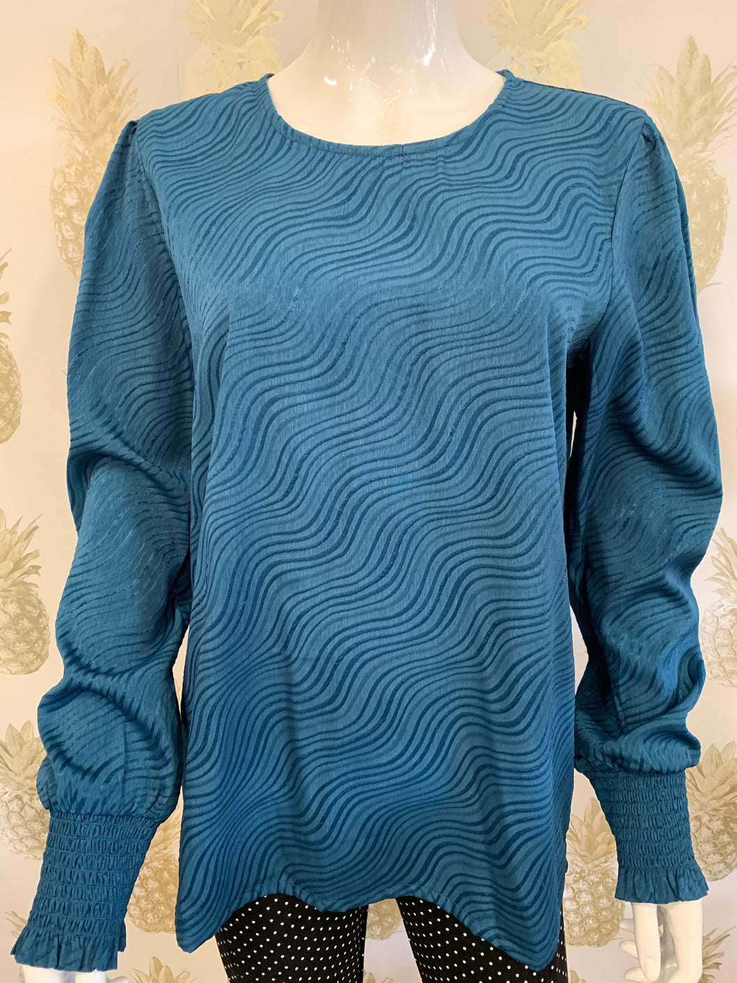 Blue wavy textured woven top loose fit with long sleeve & elasticated detail cuff - Boutique on the Green