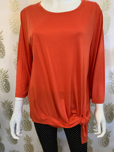 Pumpkin jersey stretch loose blouse with knotted hem trim detail & 3/4 sleeve - Boutique on the Green