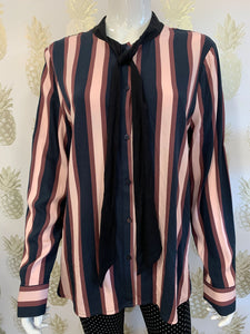 Multi stripe button down shirt with neck tie detail & long sleeve - Boutique on the Green