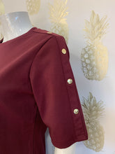 Load image into Gallery viewer, Burgundy stretch jersey tunic dress above the knee with elbow sleeve &amp; gold button trim - Boutique on the Green
