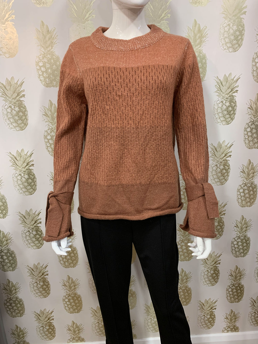 Terracotta red knitted jumper with tie detail at cuff (8% Mohair & 15% Wool) - Boutique on the Green