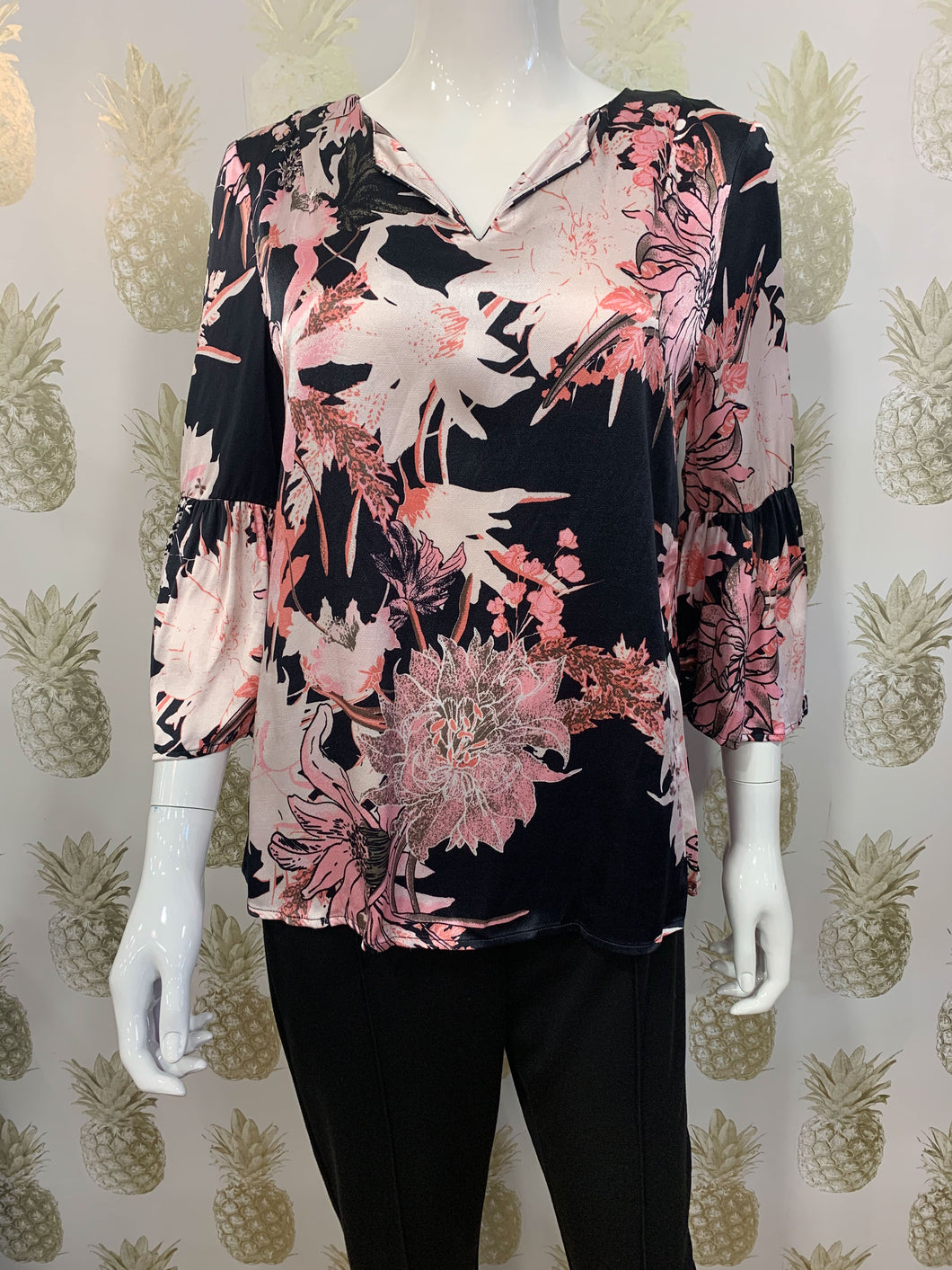 Black & floral print slinky loose blouse with open neckline with fluted 3/4 sleeve - Boutique on the Green