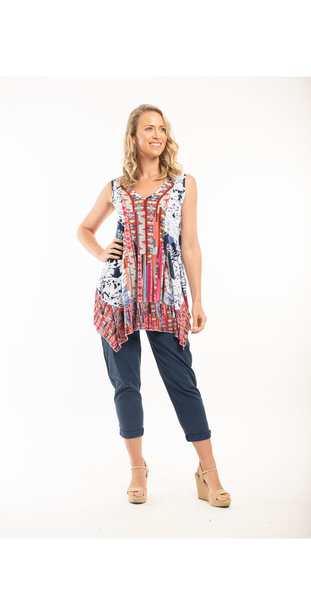 Orientique Skyros multi coloured sleeveless jersey hanky hem tunic top - Boutique on the Green