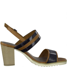 Load image into Gallery viewer, Marco Tozzi patent navy &amp; tan double strap block heel shoe - Boutique on the Green
