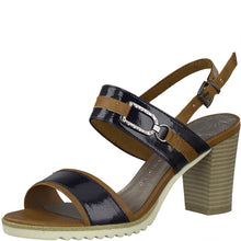 Load image into Gallery viewer, Marco Tozzi patent navy &amp; tan double strap block heel shoe - Boutique on the Green
