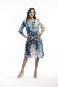 Orientique Alberobello Blue Abstract Print Organic Cotton Elbow Sleeve Crinkle Dress - Boutique on the Green 