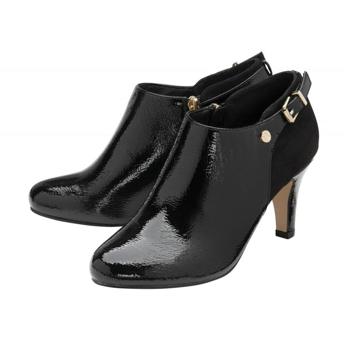Lotus Ramona Black Patent & Buckle Trim Almond Toe Shoe Boot - Boutique on the Green 