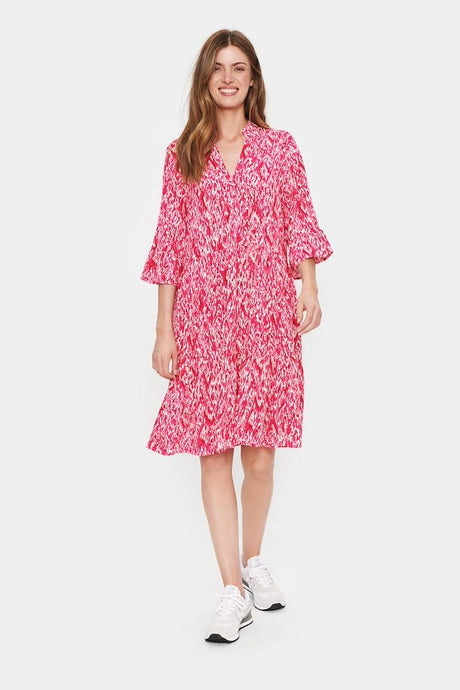Saint Tropez Eda Elbow Fluted Sleeve Tiered Printed Dress - Boutique on the Green