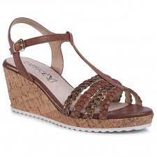 Caprice leather plaited t-bar open toe cork wedge with platform - Boutique on the Green