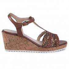 Caprice leather plaited t-bar open toe cork wedge with platform - Boutique on the Green