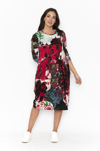 Orientique Raj Red Print 3/4 Sleeve Stretch Cotton Jersey Bubble Dress - Boutique on the Green