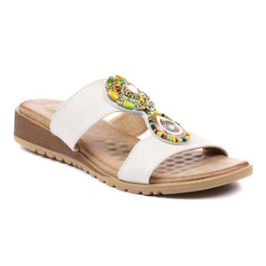 Lunar Elsa White Open Toe Slip On Mule Sandal With Multicoloured Bead Trim - Boutique on the Green