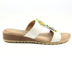 Lunar Elsa White Open Toe Slip On Mule Sandal With Multicoloured Bead Trim - Boutique on the Green