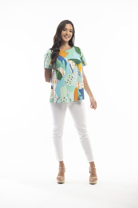 Orientique Frigliani Contemporary Aqua Abstract Print Short Sleeve Woven Top - Boutique on the Green 