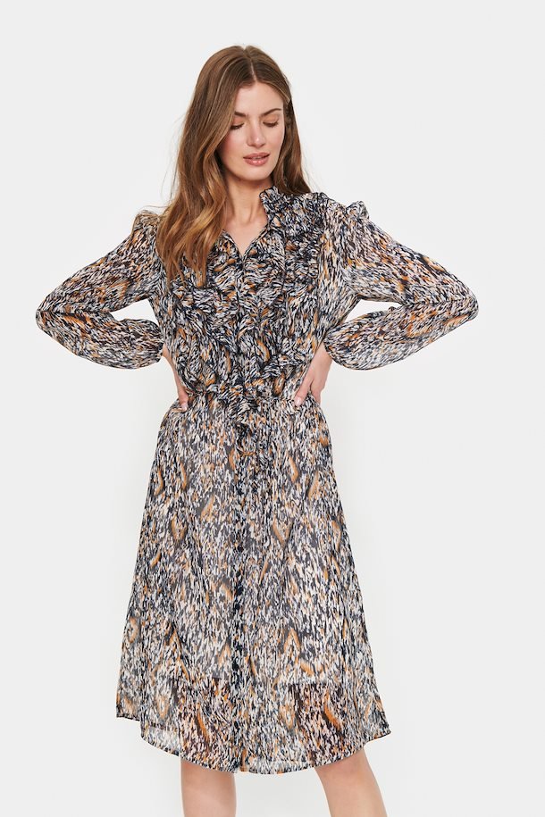 Saint Tropez Lilly Printed Long Sleeve Chiffon Ruffle Front Dress - Boutique on the Green