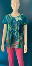 Load image into Gallery viewer, Orientique Charleston Blue &amp; Green Jungle Print Organic Cotton Jersey Stretch Short Sleeve T-Shirt - Boutique on the Green 
