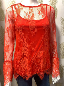 Sheer lace stretch blouse fluted sleeve with cami - Boutique on the Green