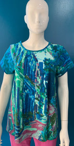 Orientique Charleston Blue & Green Jungle Print Organic Cotton Jersey Stretch Short Sleeve T-Shirt - Boutique on the Green 