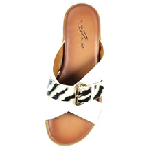 Load image into Gallery viewer, Lunar Reese White Animal Trim Slip On Mule Sandal - Boutique on the Green

