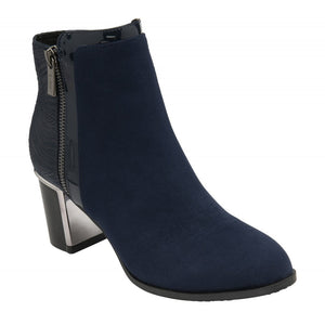 Lotus Rebecca Navy Microfibre Heeled Ankle Boot With Patterned Back Trim - Boutique on the Green 