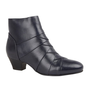 Lotus Tara Navy Leather Pleated Heeled Ankle Boot - Boutique on the Green 