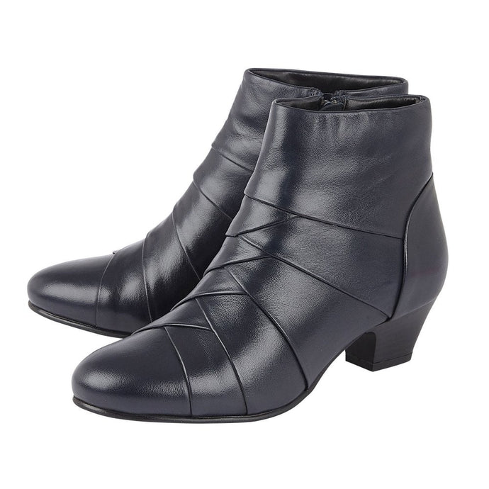 Lotus Tara Navy Leather Pleated Heeled Ankle Boot - Boutique on the Green 