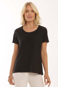 Pomodoro Black Pure Cotton Necklace Design Lace Applique Trim T-Shirt - Boutique on the Green
