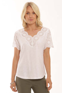 Pomodoro Eyelet Pure Cotton Embroidered Trim T-Shirt - Boutique on the Green