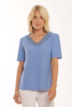 Load image into Gallery viewer, Pomodoro Pure Cotton Jersey Lace Trim V-Neck T-Shirt - Boutique on the Green
