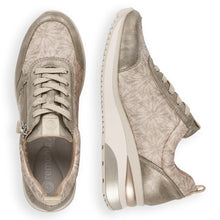 Load image into Gallery viewer, Remonte Soft Gold Metallic Floral Lace &amp; Zip Wedge Trainer - Boutique on the Green
