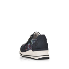 Load image into Gallery viewer, Remonte Navy Snake Trim Lace Up &amp; Zip Wedge Trainer - Boutique on the Green
