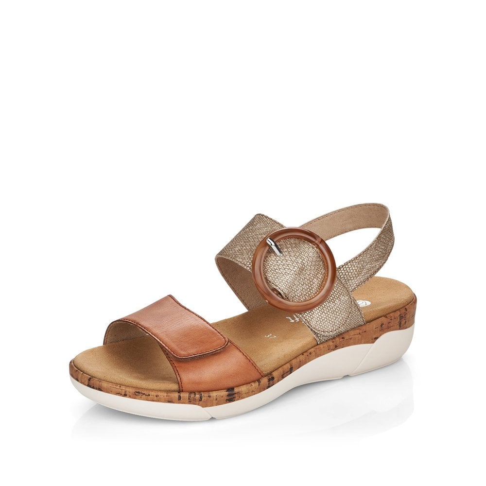 Remonte Tan & Metallic Leather Velcro & Buckle Open Toe Sandal - Boutique on the Green