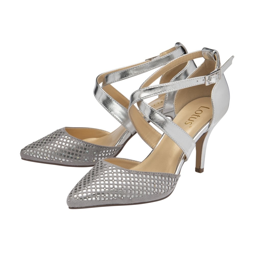 Lotus Sophia Silver Diamante & Laser Cut Pointed Toe Crossover Court Shoe - Boutique on the Green 