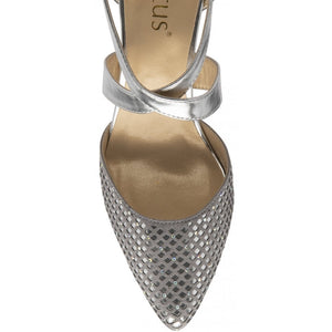 Lotus Sophia Silver Diamante & Laser Cut Pointed Toe Crossover Court Shoe - Boutique on the Green 