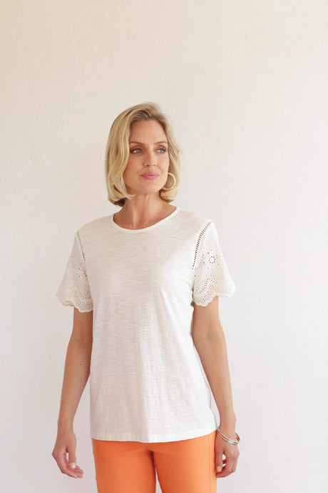 Pomodoro White Cotton Jersey T-Shirt With Broderie Anglaise Sleeve Detail & Panels - Boutique on the Green 
