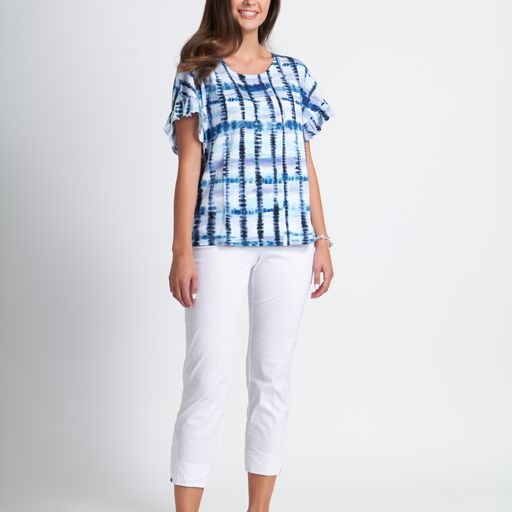 Foil Majorca Blue & White Check Frill Sleeve Pure Cotton Jersey T-Shirt - Boutique on the Green 